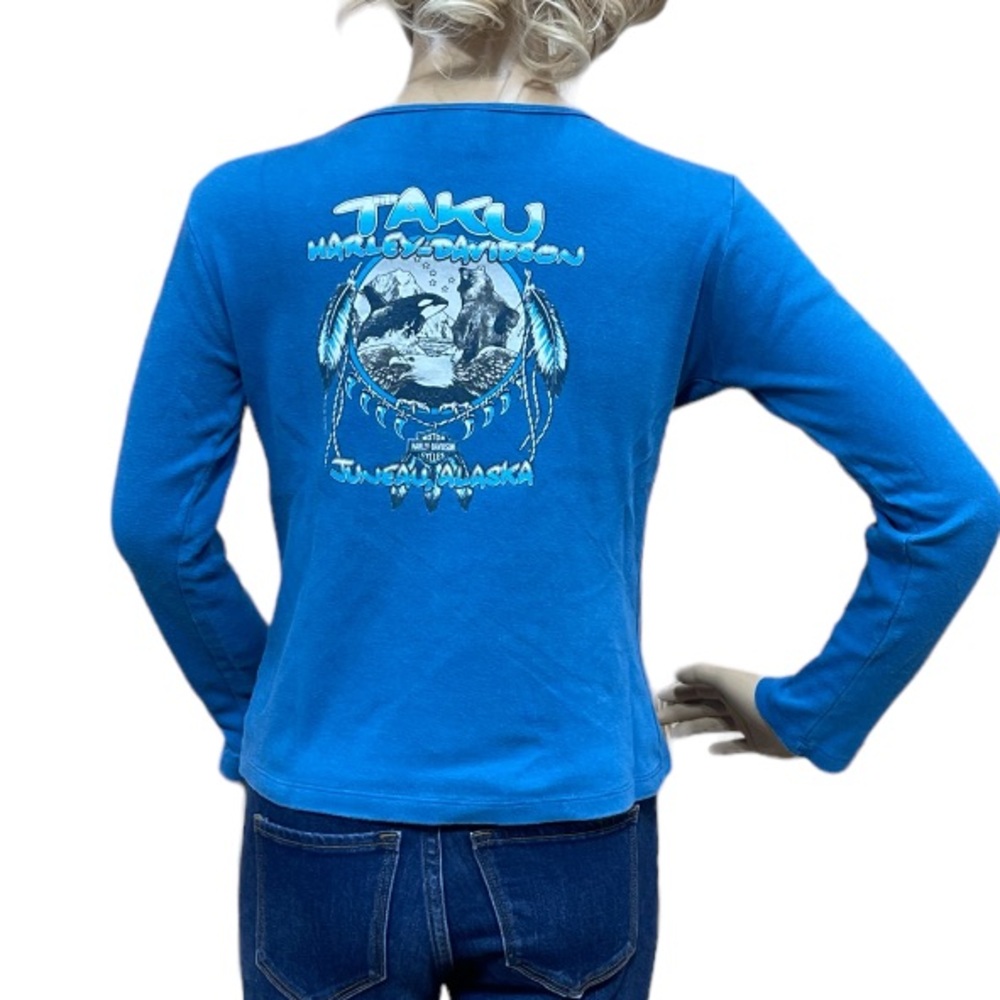 HARLEY-DAVIDSON Women’s Blue Crop Top Long Sleeve Tee Shirt Size Small - Picture 9 of 14